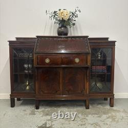Bureau-bibliothèque vintage en acajou avec buffet et vitrines en verre