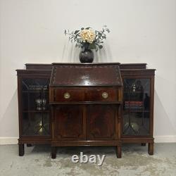 Bureau-bibliothèque vintage en acajou avec buffet et vitrines en verre