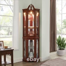 Cabinet d'angle en bois avec éclairage, portes et étagères en verre trempé réglables