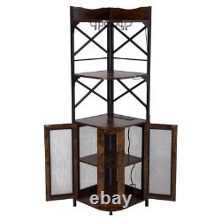 Cabinet de bar d'angle industriel avec éclairage LED, prise UK, buffet à vin et porte-verres