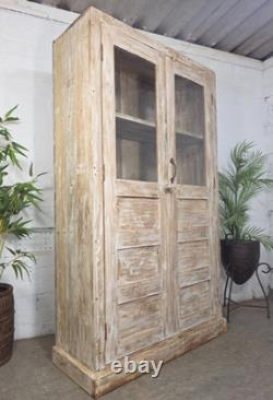 Cabinet de boissons de cuisine vintage en bois récupéré indien émaillé, autoportant