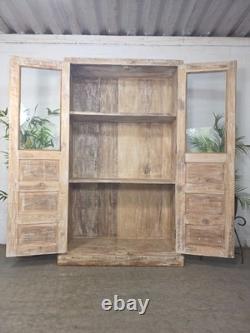 Cabinet de boissons de cuisine vintage en bois récupéré indien émaillé, autoportant