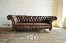 Canapé Chesterfield Fait Main Couch Chair 3 Places Vintage Antique Brun Cuir