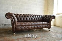 Canapé Chesterfield Fait Main Couch Chair 3 Places Vintage Antique Brun Cuir
