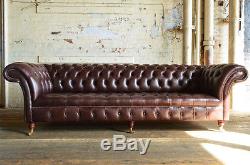 Canapé Chesterfield Fait Main Couch Chair 4 Places Vintage Antique Brun Cuir