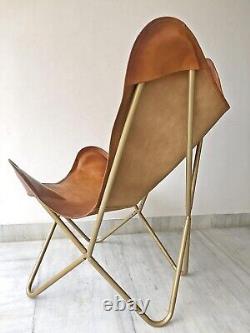 Chaise papillon en cuir fabriquée à la main, chaise relaxante, fauteuil avec accoudoirs pour la maison avec cadre en fer.