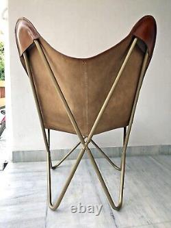 Chaise papillon en cuir fabriquée à la main, chaise relaxante, fauteuil avec accoudoirs pour la maison avec cadre en fer.