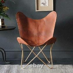 Chaise papillon en cuir véritable marron fait main pour intérieur et extérieur avec cadre en fer