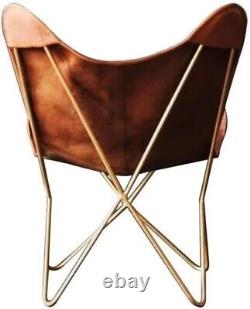 Chaise papillon en cuir véritable marron fait main pour intérieur et extérieur avec cadre en fer