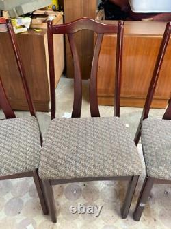 Chaises de salle à manger de cuisine vintage rétro en bois brun à dossier haut x 4 avec sièges en tissu