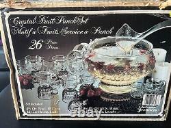 Ensemble à punch aux fruits en cristal Jeannette des années 1960, bol de 8 litres, 26 pièces