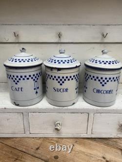 Ensemble de 3 bocaux de cuisine vintage en émail bleu et blanc à carreaux français