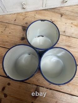 Ensemble de 3 bocaux de cuisine vintage en émail bleu et blanc à carreaux français