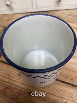Ensemble de 3 bocaux de cuisine vintage en émail bleu et blanc à carreaux français