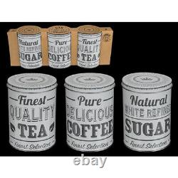 Ensemble de 3 boîtes rétro vintage en étain pour sucre, thé et café avec couvercle - Nouveau dans la cuisine de rangement du cadeau