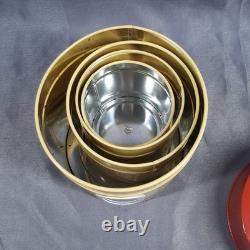 Ensemble de 4 bocaux empilables en métal vintage de style moderne du milieu du siècle, rouge et jaune, Japon