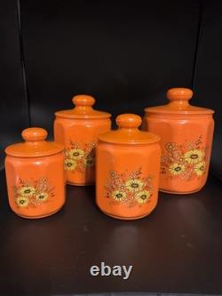 Ensemble de 4 canisters en aluminium Kromex fleurs décor rétro des années 1970 orange