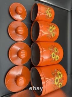 Ensemble de 4 canisters en aluminium Kromex fleurs décor rétro des années 1970 orange