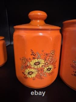 Ensemble de 4 canisters en aluminium Kromex fleurs décor rétro des années 1970 orange