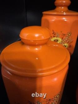 Ensemble de 4 canisters en aluminium Kromex fleurs décor rétro des années 1970 orange