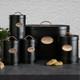 Ensemble De 5 Conteneurs De Rangement De Cuisine Noirs : Boîte à Pain, Tins Pour Thé, Sucre, Café Et Biscuits.