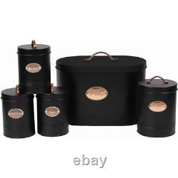 Ensemble de 5 conteneurs de rangement de cuisine noirs : boîte à pain, tins pour thé, sucre, café et biscuits.