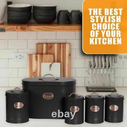Ensemble de 5 conteneurs de rangement de cuisine noirs : boîte à pain, tins pour thé, sucre, café et biscuits.