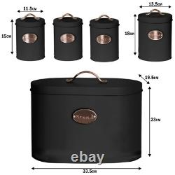 Ensemble de 5 conteneurs de rangement de cuisine noirs : boîte à pain, tins pour thé, sucre, café et biscuits.