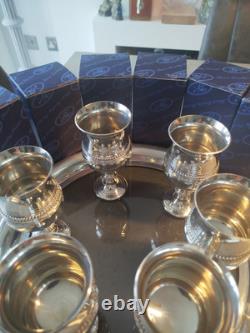 Ensemble de 6 gobelets en étain vintage Edwin Blyde et plateau en étain et verre de 13 pouces