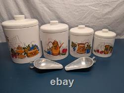 Ensemble de bocaux de cuisine peints Ransburg des années 70 avec boutons et cuillères blancs en métal étamé (G)