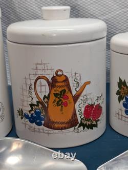 Ensemble de bocaux de cuisine peints Ransburg des années 70 avec boutons et cuillères blancs en métal étamé (G)