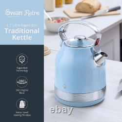 Ensemble de bouilloire à sifflet bleu Swan Retro Revive, grille-pain à 2 tranches et bocaux de cuisine.