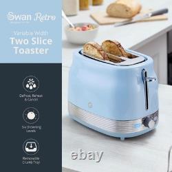 Ensemble de bouilloire à sifflet bleu Swan Retro Revive, grille-pain à 2 tranches et bocaux de cuisine.