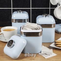 Ensemble de bouilloire à sifflet bleu Swan Retro Revive, grille-pain à 2 tranches et bocaux de cuisine.