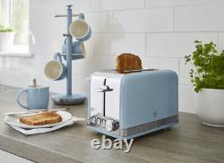 Ensemble de bouilloire rétro bleue SWAN, grille-pain 2 tranches, micro-ondes, boîte à pain et bocaux.