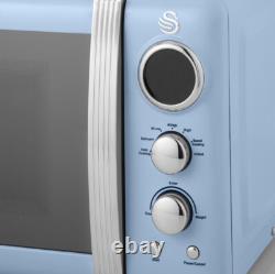 Ensemble de bouilloire rétro bleue SWAN, grille-pain 2 tranches, micro-ondes, boîte à pain et bocaux.