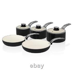 Ensemble de casseroles Swan Retro 5 pièces en noir - Ustensiles de cuisine vintage. Garantie de 5 ans