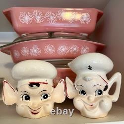 Ensemble de crème et de sucre pixie elfiques vintage difficile à trouver MCM Pyrex rétro atomique de cuisine