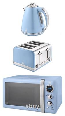 Ensemble de cuisine rétro bleu vintage SWAN comprenant bouilloire, grille-pain et micro-ondes assortis, élégant, Royaume-Uni.