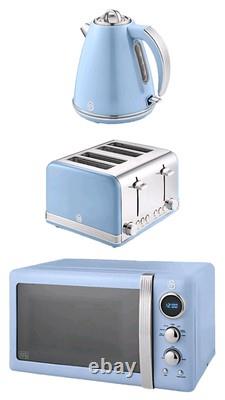 Ensemble de cuisine rétro bleu vintage SWAN comprenant bouilloire, grille-pain et micro-ondes assortis, élégant, Royaume-Uni.