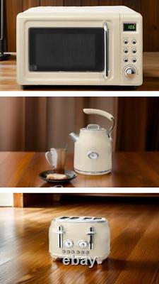 Ensemble de cuisine rétro élégant en crème : micro-ondes vintage, bouilloire rapide et grille-pain grand format.