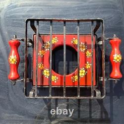 Ensemble de fondue vintage en émail rare, rouge floral, peint à la main avec brûleur et fourchettes