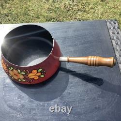 Ensemble de fondue vintage en émail rare, rouge floral, peint à la main avec brûleur et fourchettes