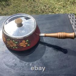 Ensemble de fondue vintage en émail rare, rouge floral, peint à la main avec brûleur et fourchettes