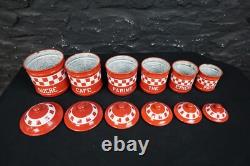 Ensemble de six bocaux de rangement en émail vintage français gradués à carreaux rouges