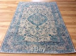 Faded Vintage Traditionnel Persan Medalion Style Teal Grey Tapis En Chenille Coton