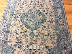 Faded Vintage Traditionnel Persan Medalion Style Teal Grey Tapis En Chenille Coton