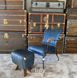Fauteuil en cuir bleu vintage rétro moderne de designer avec accent d'occasion