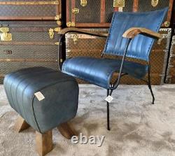 Fauteuil en cuir bleu vintage rétro moderne de designer avec accent d'occasion