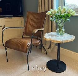 Fauteuil en cuir marron vintage rétro moderne de designer avec caractéristique d'accent occasionnel